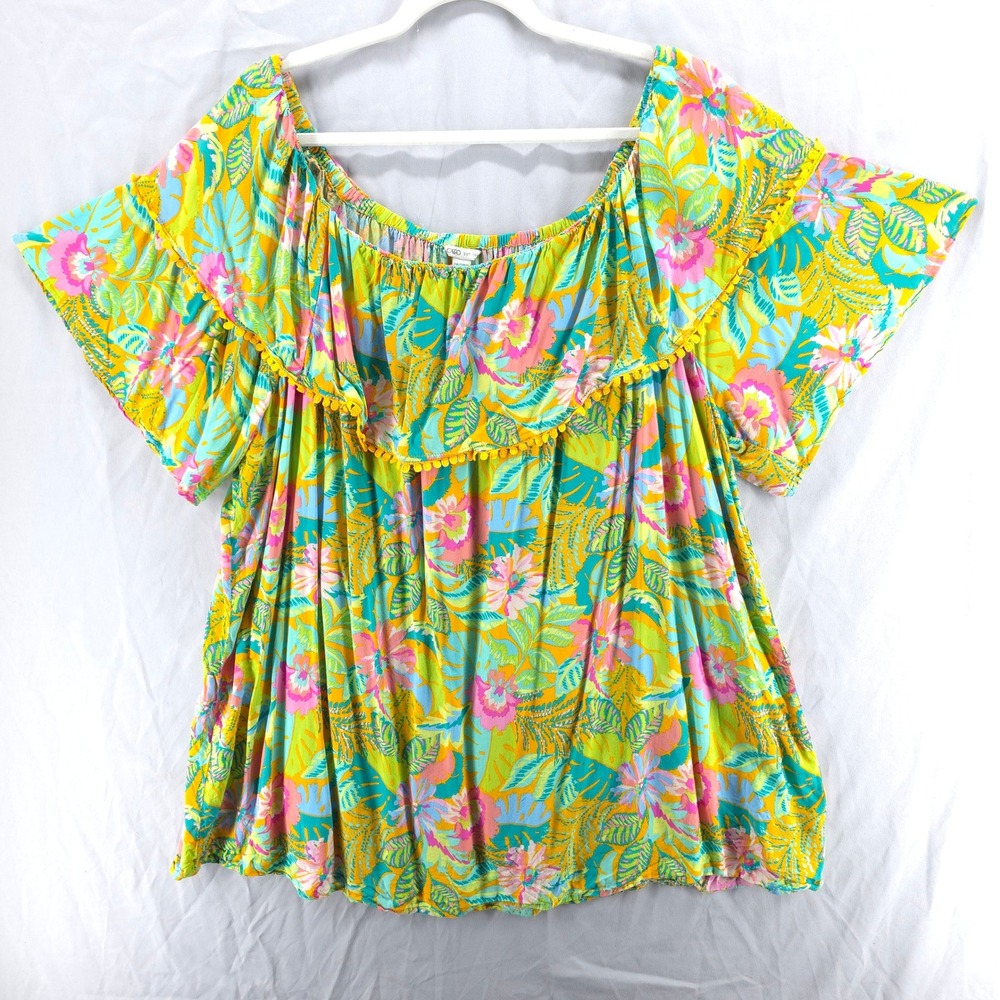 Cato Tropical Floral Off Flutter Off‎ Shoulder Top Multicolor Green Women 26/28